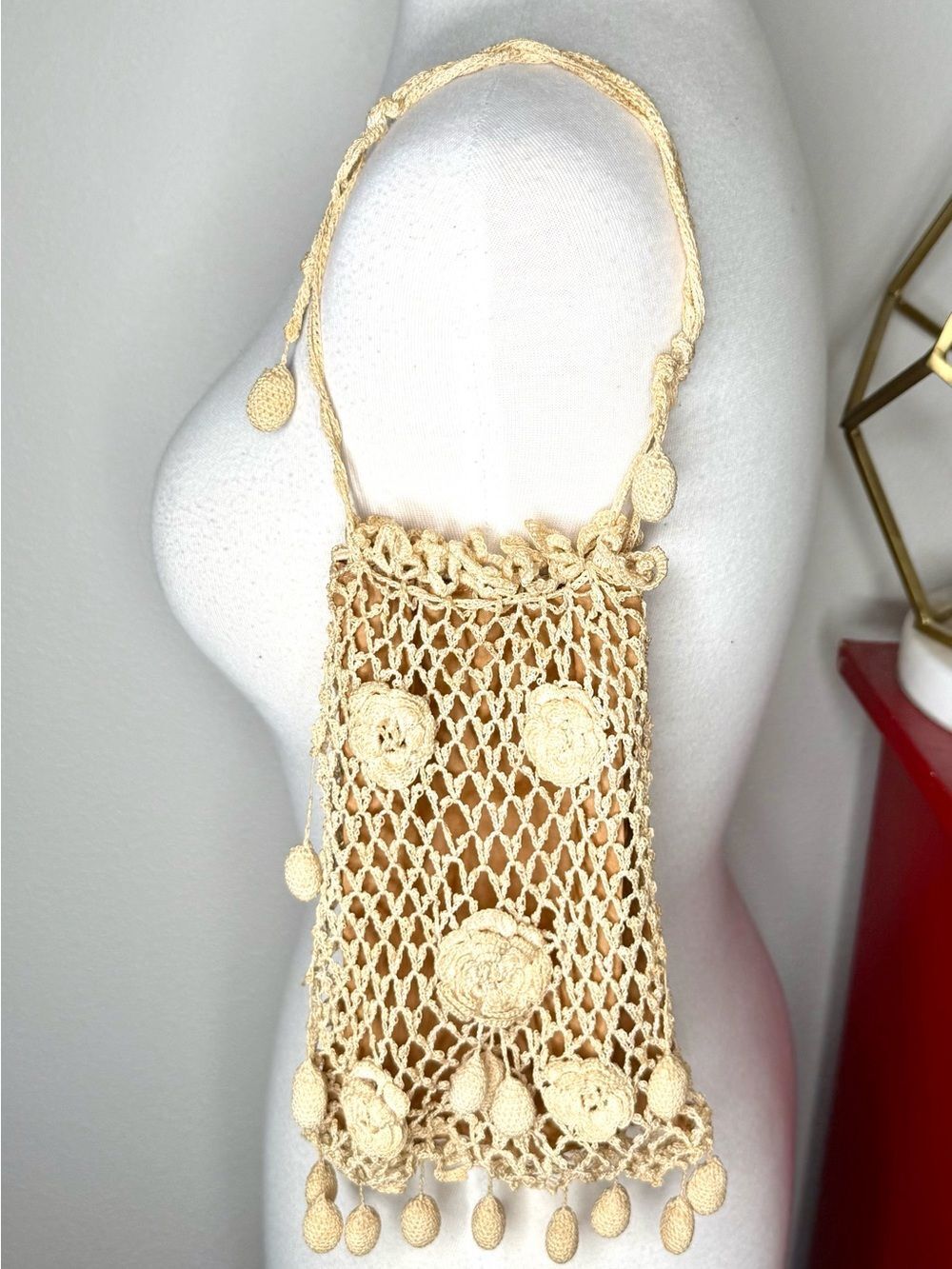 Antique Edwardian Crochet Pochette Reticule Bag Floral Appliqué Drawstring Purse